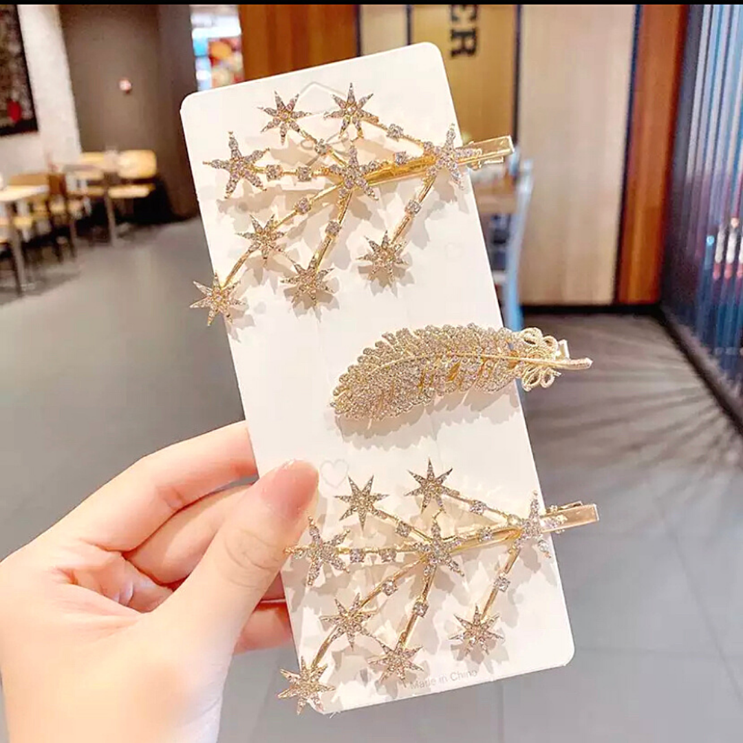 3 Piece Stars and Feather Rhinestone Alligator Hair Clips
