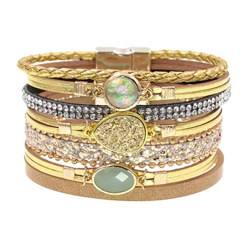 Gold Embellished Crystal Druzy Rhinestone Wide Leather Bracelet - Ella Moore