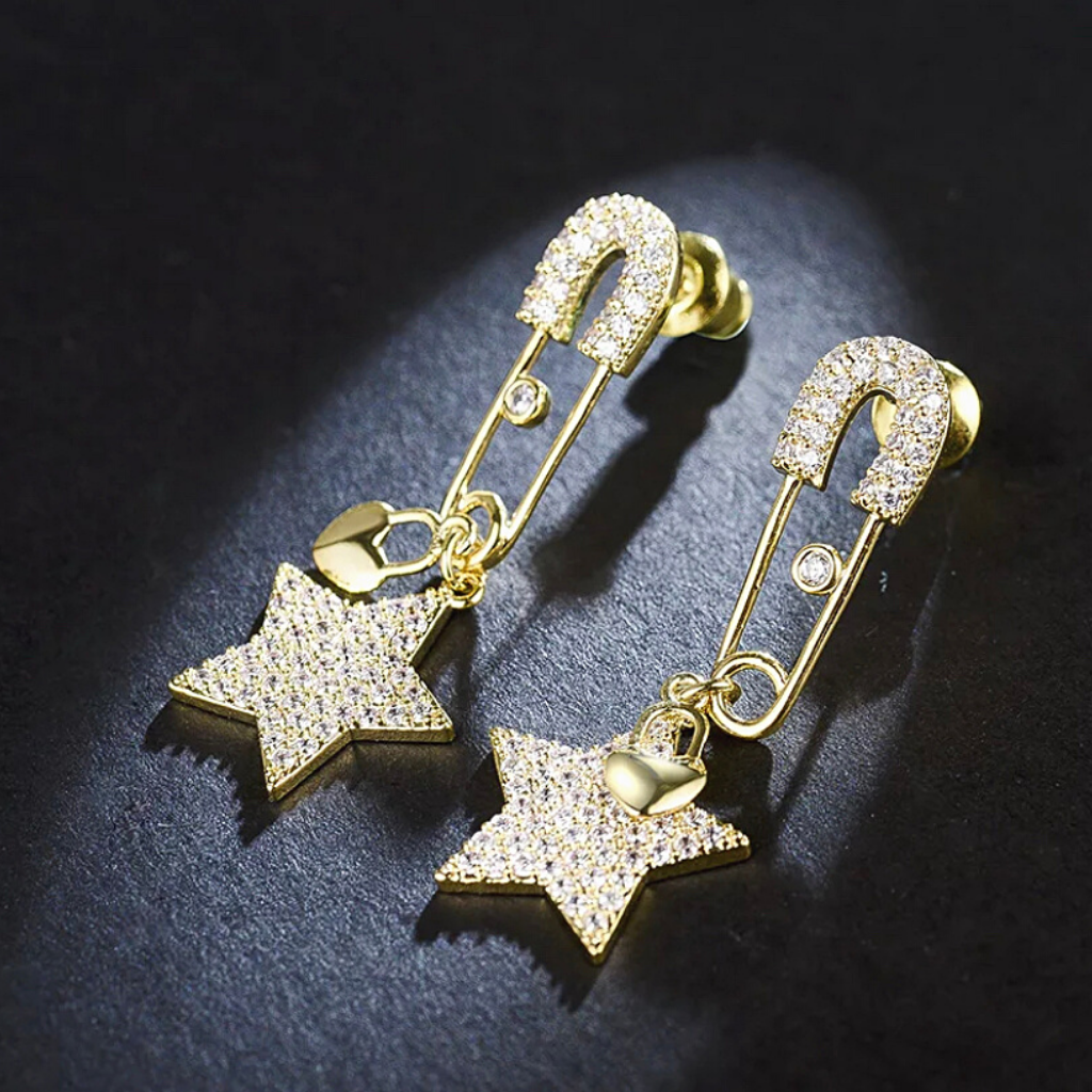 Delicate Gold CZ Heart Star & Safety Pin Earrings - Ella Moore