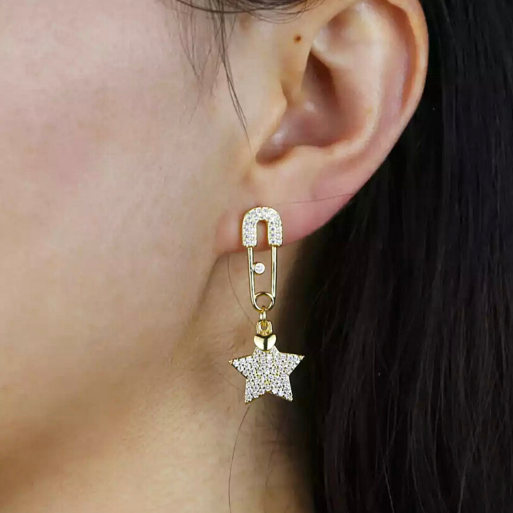 Delicate Gold CZ Heart Star & Safety Pin Earrings - Ella Moore