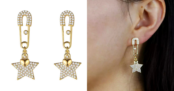 Delicate Gold CZ Heart Star & Safety Pin Earrings - Ella Moore