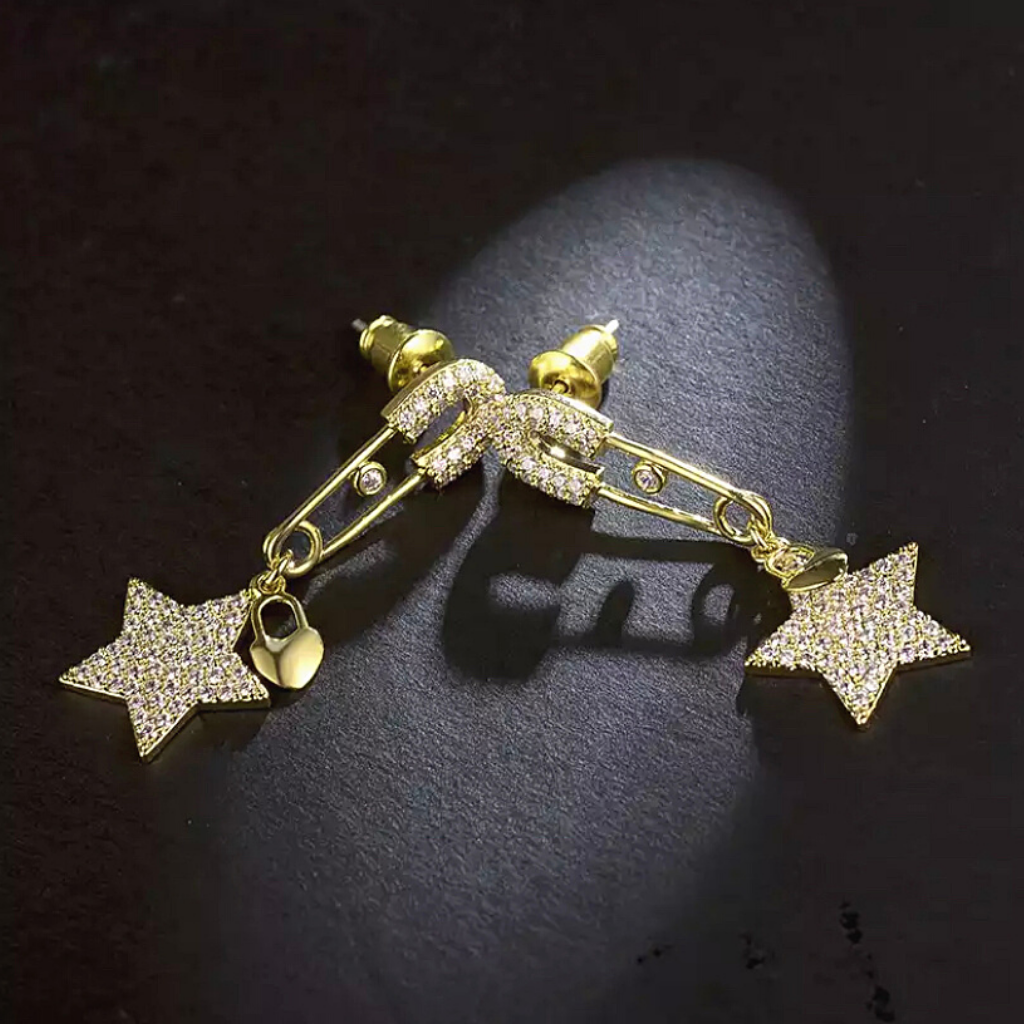 Delicate Gold CZ Heart Star & Safety Pin Earrings - Ella Moore