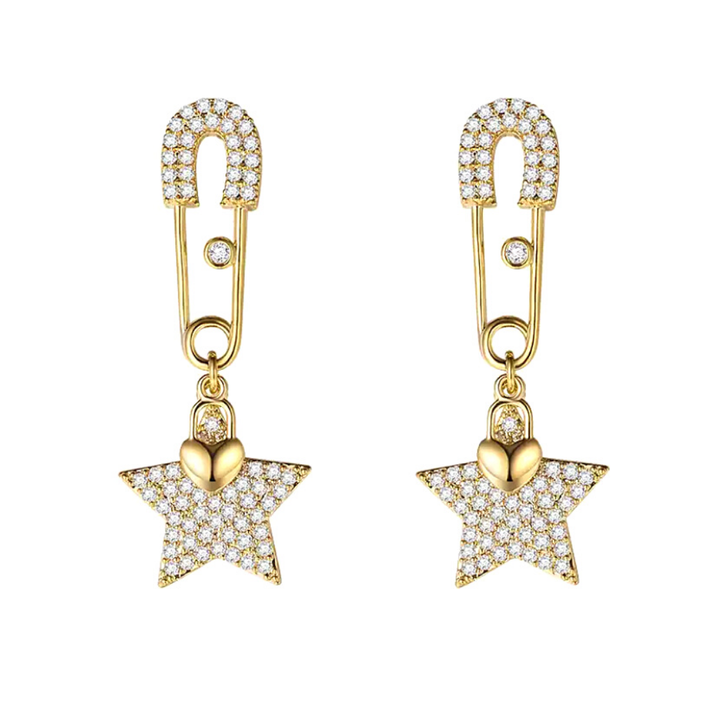 Delicate Gold CZ Heart Star & Safety Pin Earrings - Ella Moore