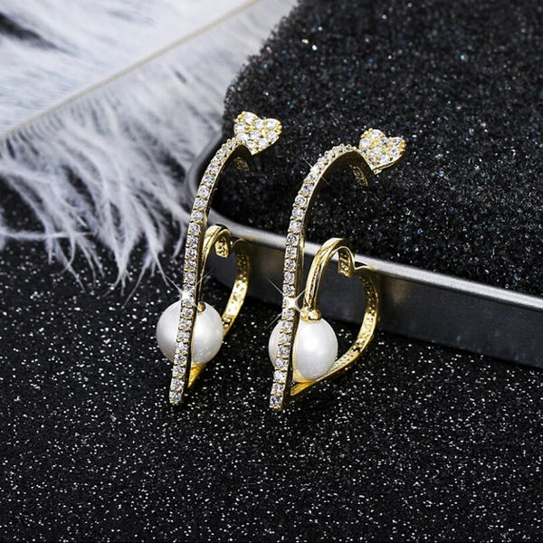 Gold Classy Pearl CZ Heart Hoop Earrings - Ella Moore