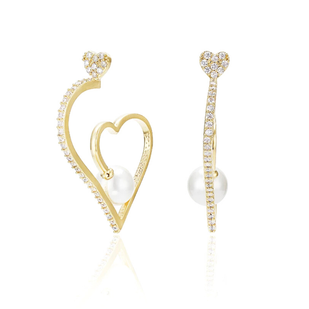 Gold Classy Pearl CZ Heart Hoop Earrings - Ella Moore