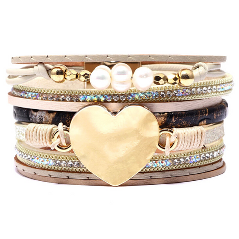 Gold Radiant Crystal, Pearl & Heart Leather Charm Bracelet - Ella Moore
