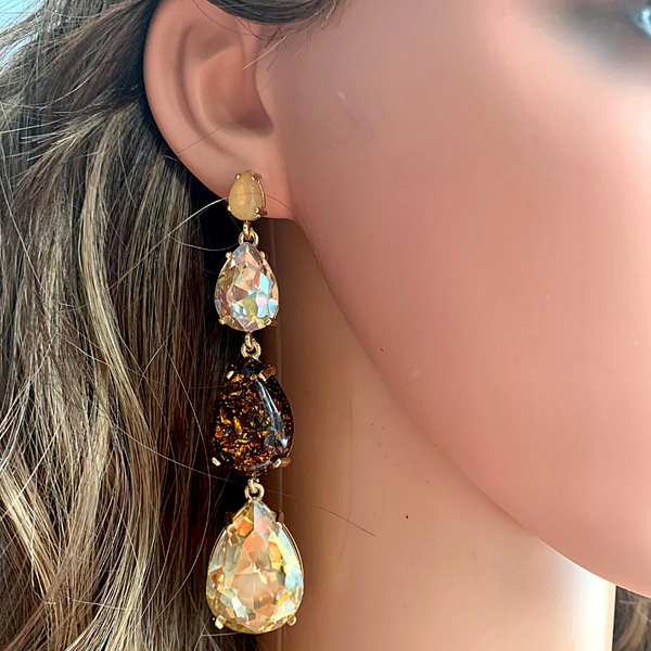 Gold Shimmering Rhinestone Waterdrop Teardrop Long Dangle Earrings - Ella Moore