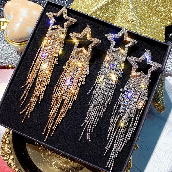 Gold & Silver Shimmering CZ Star Tassel Earrings - Ella Moore