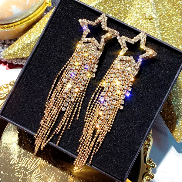 Gold Shimmering CZ Star Tassel Earrings - Ella Moore