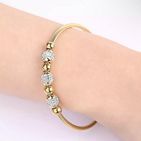 Gold Three Sparkling Crystal Bead Stainless Steel Snake Chain Magnetic Bracelet - Ella Mooore