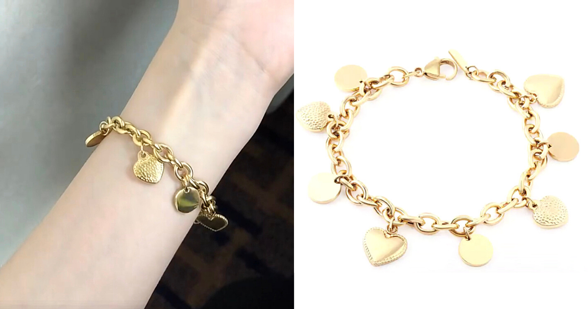 Textured Heart and Disk Gold Charm Bracelet - Ella Moore