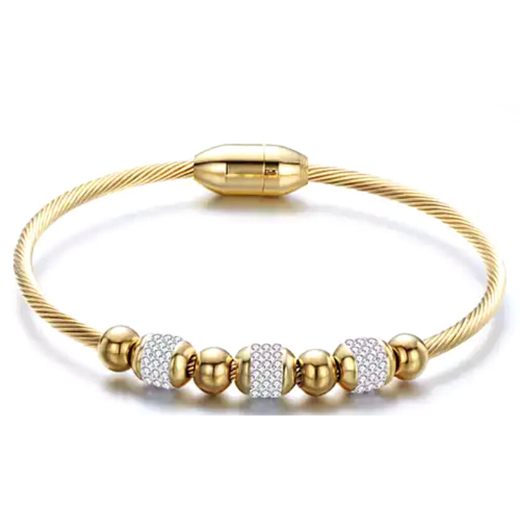 Gold Three Sparkling Crystal Bead Stainless Steel Snake Chain Magnetic Bracelet - Ella Mooore