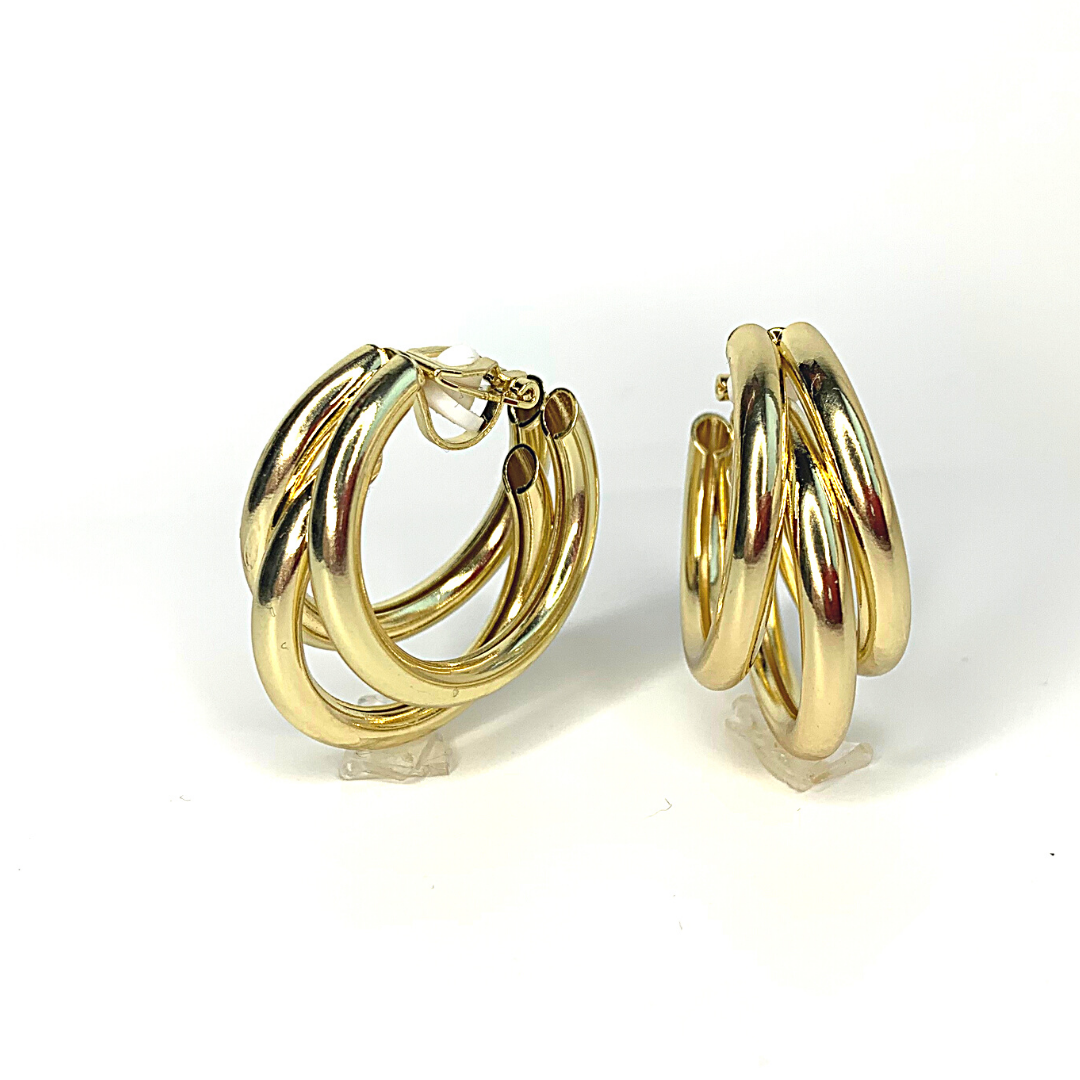 Gold Polished Triple Hoop Clip On Earrings - Ella Moore