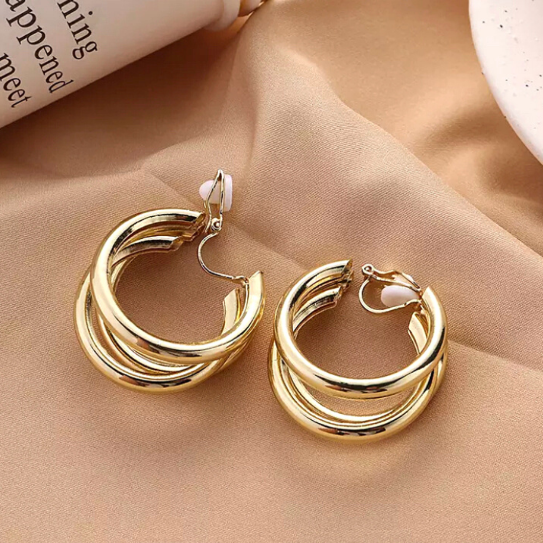 Polished Gold Triple Hoop Clip On Earrings - Ella Moore