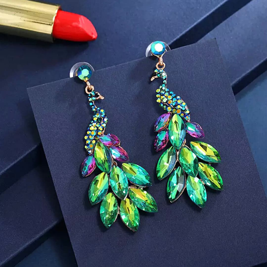 Green Blue Luxurious Rhinestone Peacock Earrings - Ella Moore