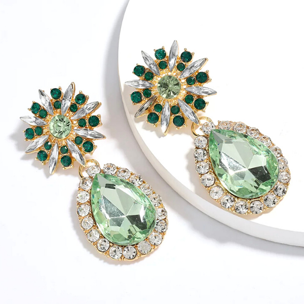 Green Large Bold Glamorous Colorful Rhinestone Teardrop Earrings - Ella Moore