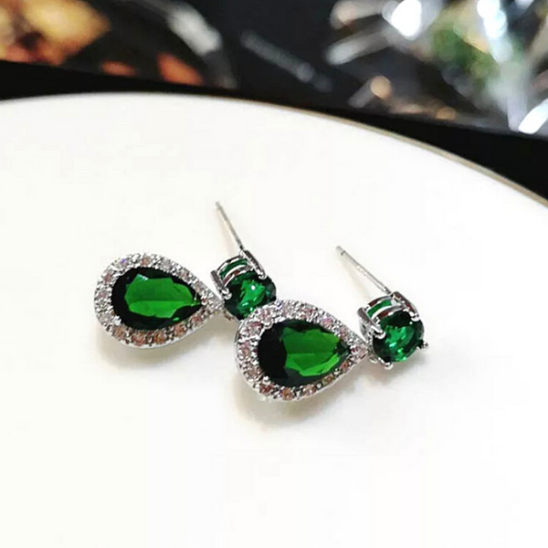 Green Shimmering Petite Teardrop Pear Shaped Rhinestone Dangle Earrings - Ella Moore