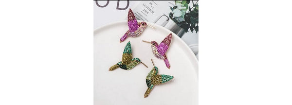 Pink & Green Shimmering Rhinestone Humming Bird Earrings - Ella Moore