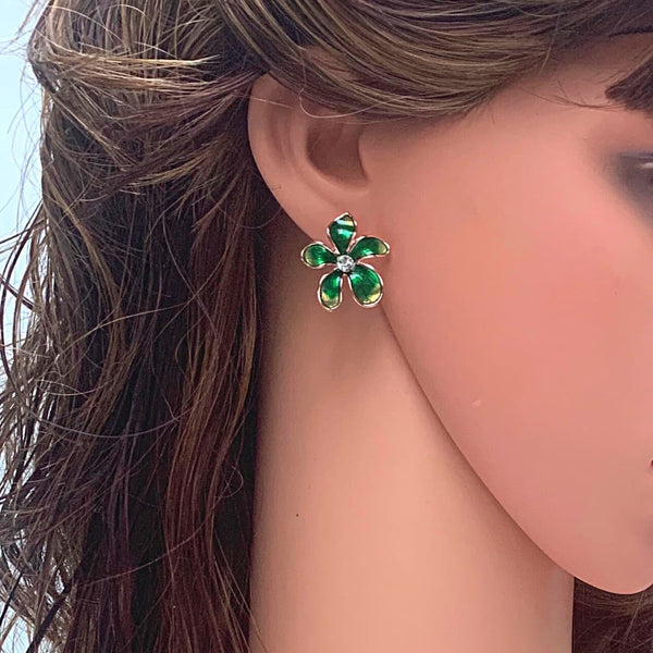 Green Rhinestone and Enamel Flower Earrings - Ella Moore