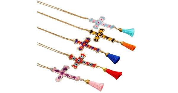 Colorful Bohemian Hand-made Mikyuki Seed Bead Gold Cross Necklace - Ella Moore