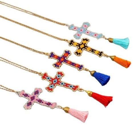 Colorful Bohemian Hand-made Mikyuki Seed Bead Gold Cross Necklace - Ella Moore