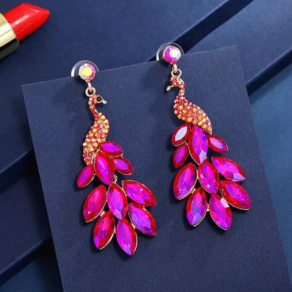 Hot Pink  Luxurious Rhinestone Peacock Earrings - Ella Moore
