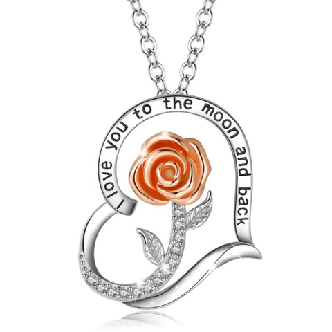 "I Love You to the Moon and Back" Rose Sterling Silver Heart Necklace - Ella Moore