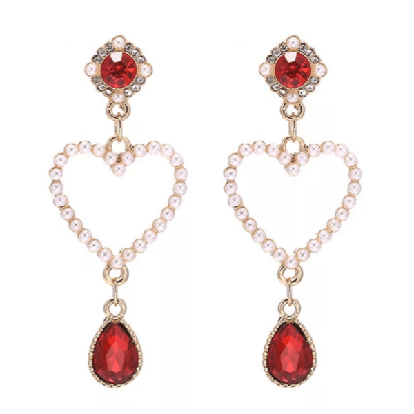Freshwater Pearl & Ruby Crystal Dangling Heart Earrings - Ella Moore