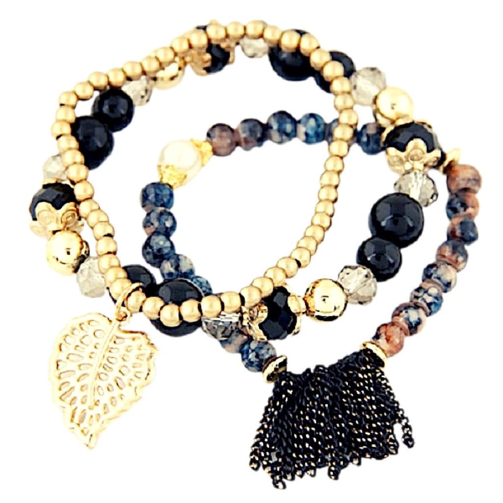 Leaf Charm Tassel Crystal Natural Stone Stretch Bead Bracelets - Multiple Colors