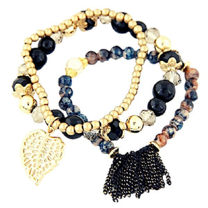 Leaf Charm Tassel Crystal Natural Stone Stretch Bead Bracelets - Multiple Colors