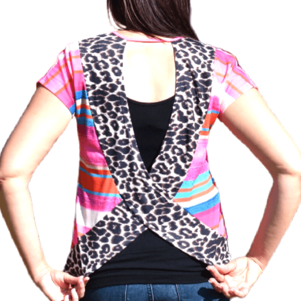 Pink & Turquoise Stripped Leopard Print Open Back Women Short Sleeve Top