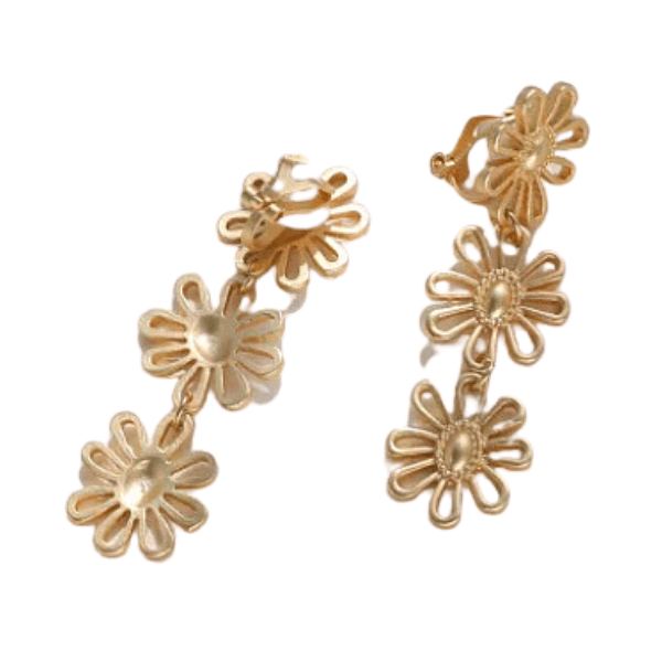 Matte Gold Flower Dangle Clip On Earrings