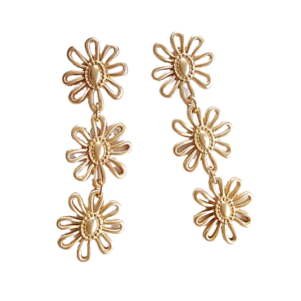 Matte Gold Flower Dangle Clip On Earrings