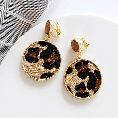 Round Leopard Animal Print Dangle Gold Clip On Earrings