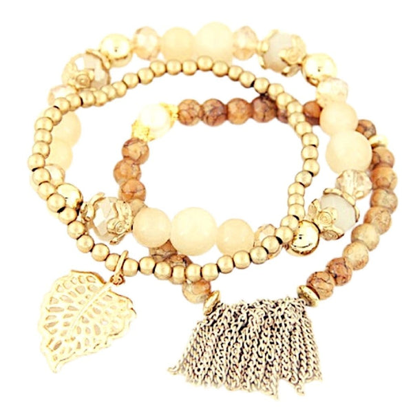 Leaf Charm Tassel Crystal Natural Stone Stretch Bead Bracelets - Multiple Colors