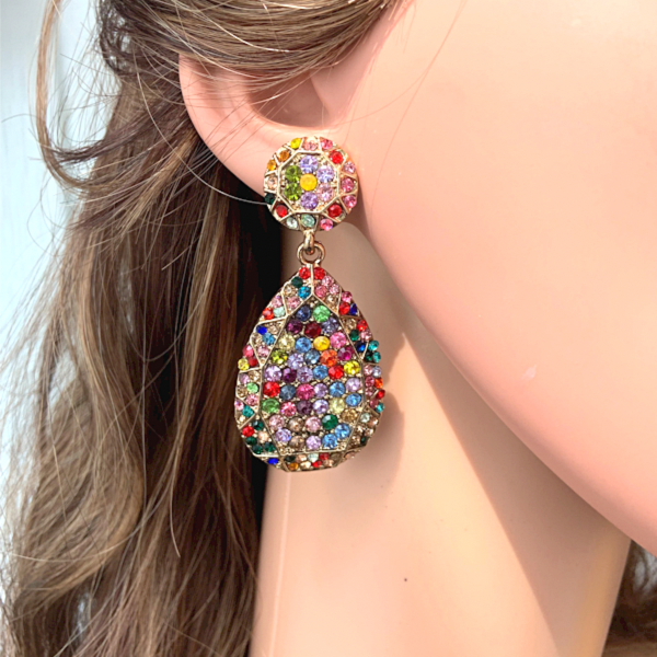 Large Multicolor Rhinestone Teardrop Dangling Earrings