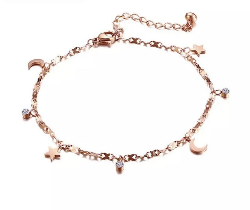 Dreamly Moon, Stars and CZ Rose Gold Charm Ankle Bracelet