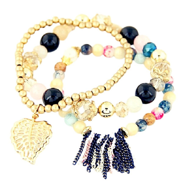 Leaf Charm Tassel Crystal Natural Stone Stretch Bead Bracelets - Multiple Colors