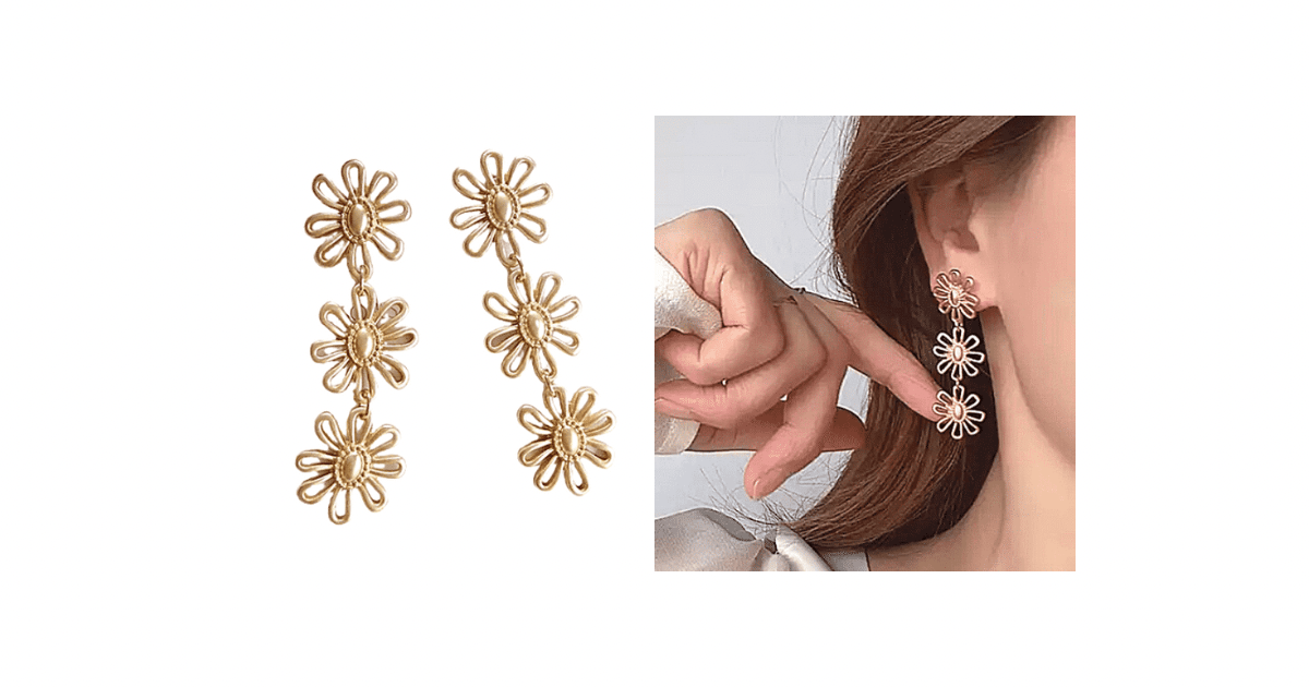 Matte Gold Flower Dangle Clip On Earrings