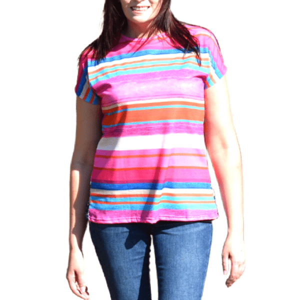 Pink & Turquoise Stripped Leopard Print Open Back Women Short Sleeve Top