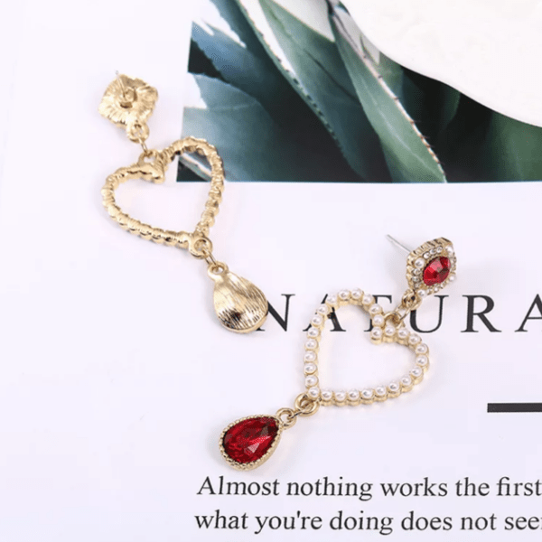 Freshwater Pearl & Ruby Crystal Dangling Heart Earrings - Ella Moore