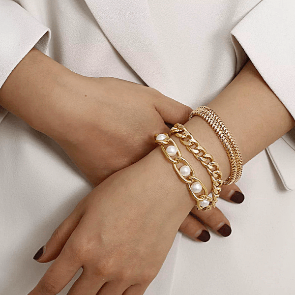 3 Piece Women's Pearls & Gold Chain Bracelet set