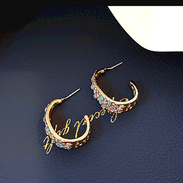 Iridescent Rhinestone Medium Gold Hoop Earrings