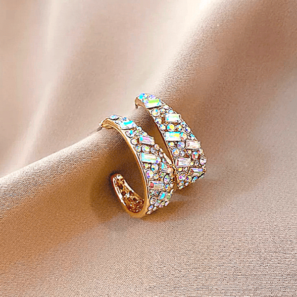 Iridescent Rhinestone Medium Gold Hoop Earrings