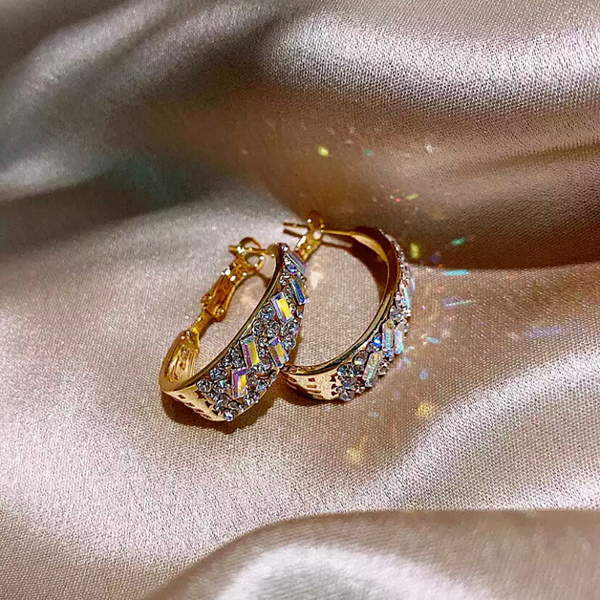 Iridescent Rhinestone Medium Gold Hoop Earrings
