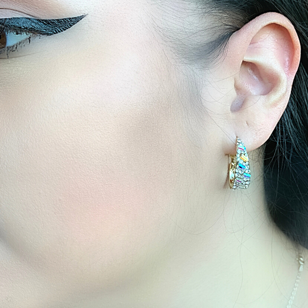 Iridescent Rhinestone Medium Gold Hoop Earrings
