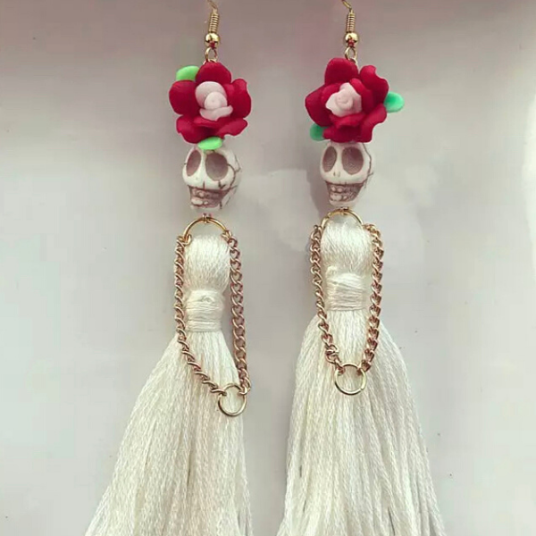 Ivory  Flower Lady Handmade Tassel Skeleton Skull Earrings - Ella Moore