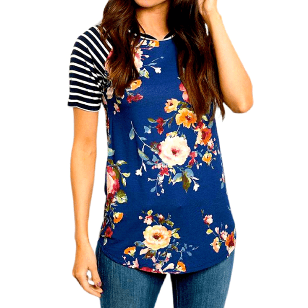 Ladies Women Blue short sleeve stripped Floral flower top blouse t-shirt - Ella Moore