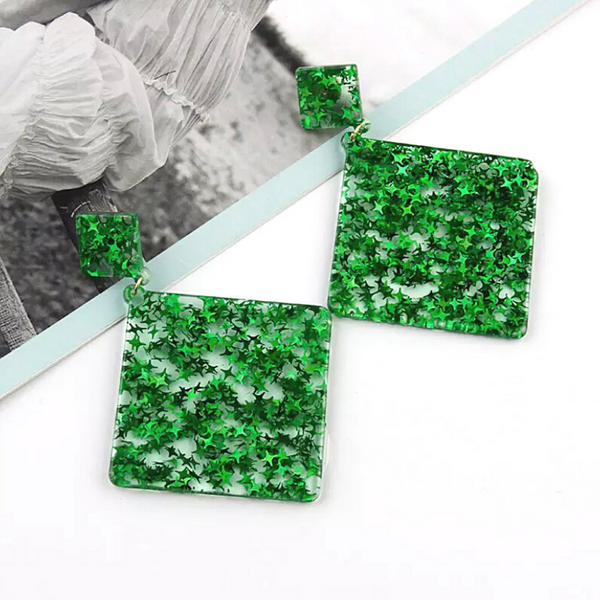 Green Glitzy Eye-Catching DIAMOND Acrylic Earrings - Ella Moore