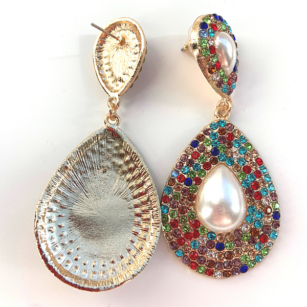 Large Shimmering Teardrop Pearl and Rhinestone Dangling Earrings - Ella Moore